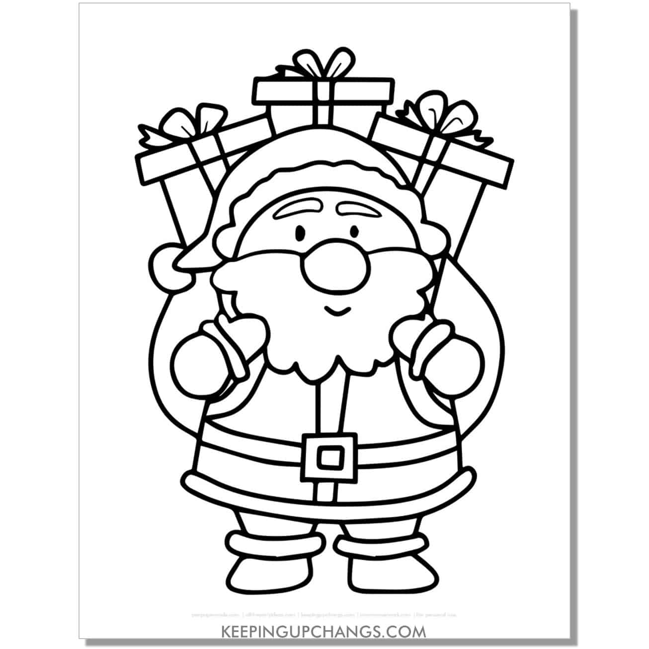 free santa with sack of presents outline, template, cut out, coloring page.