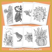 adult halloween colouring sheets including zentangle pumpkin, haunted house.