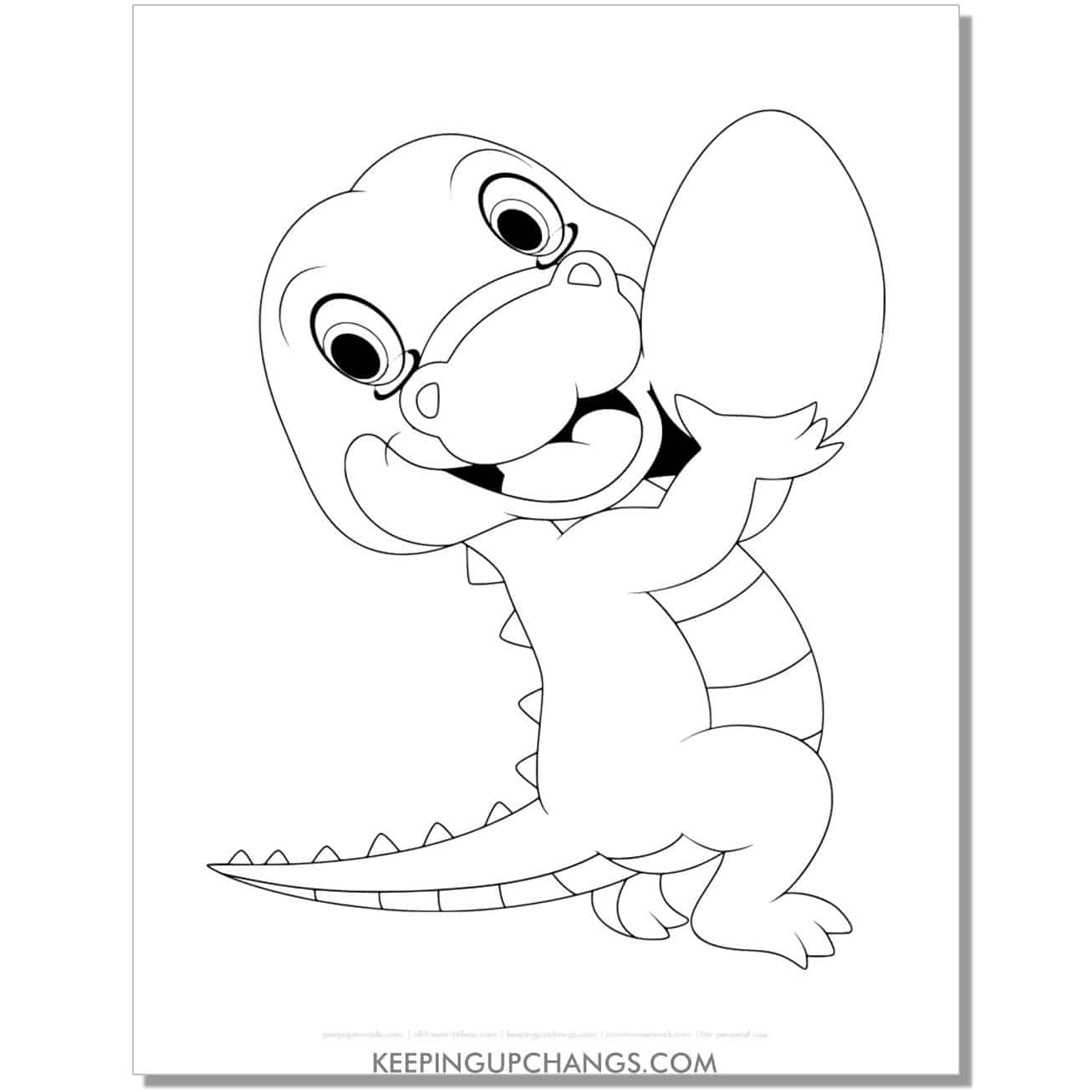 free baby alligator, crocodile holding egg coloring page, sheet.