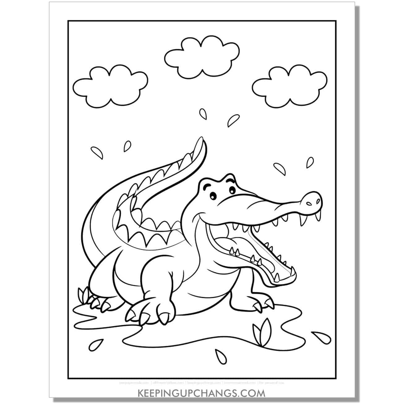 free cute alligator, crocodile cartoon drawing coloring page, sheet.