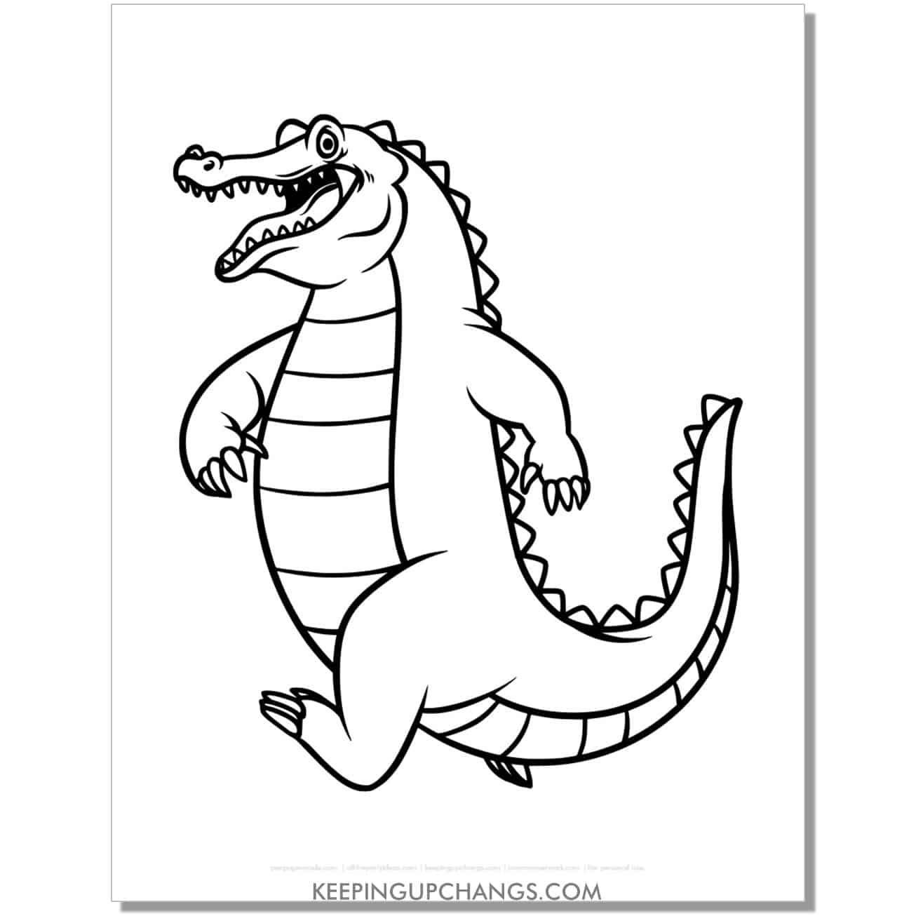 free alligator, crocodile walking coloring page, sheet.