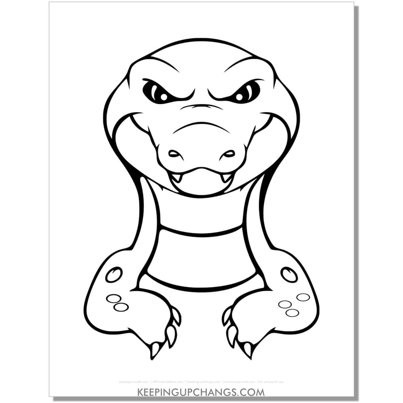 free scary alligator, crocodile head and arms coloring page, sheet.