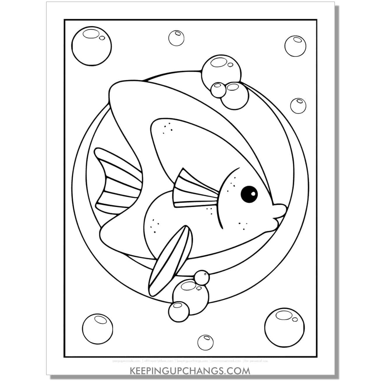 free full size bubbles and fish coloring page, sheet.
