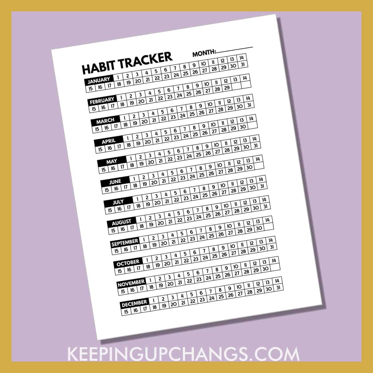 preview of free annual habit tracker printable.