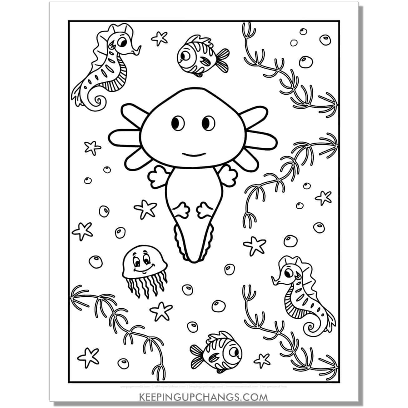 free cartoon illustrated axolotl coloring page, colouring sheet with seahorse, jellyfish.