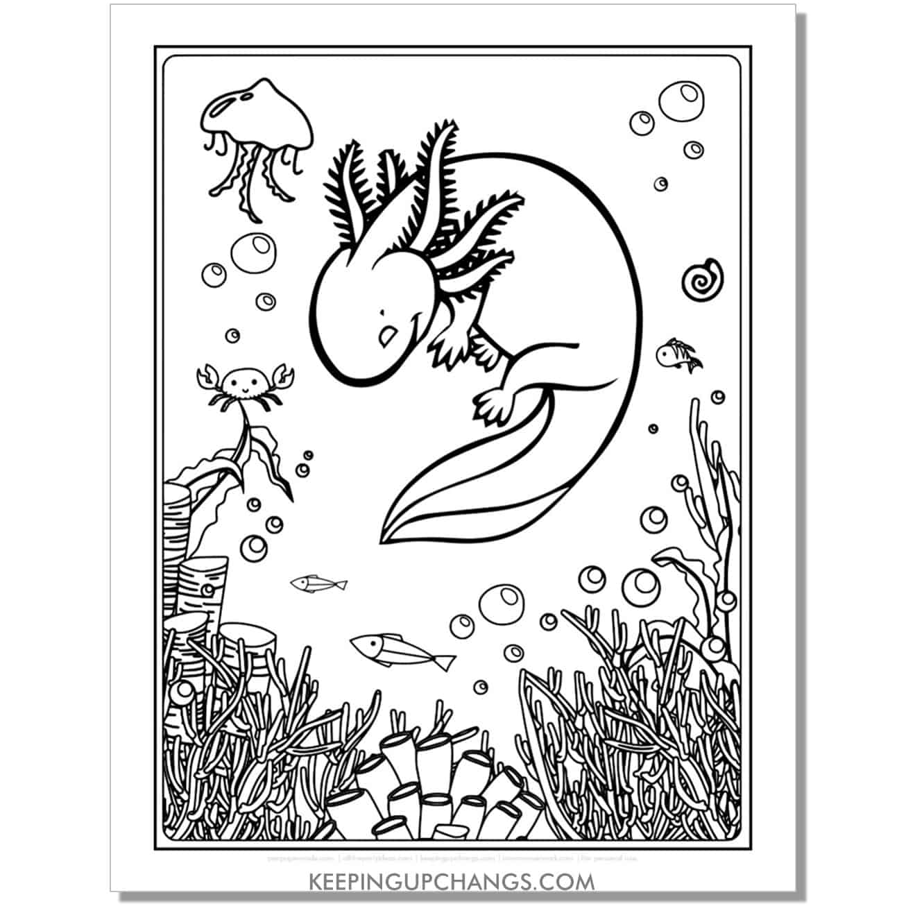 free resting axolotl coloring page with jellyfish, crab, fish, coral.