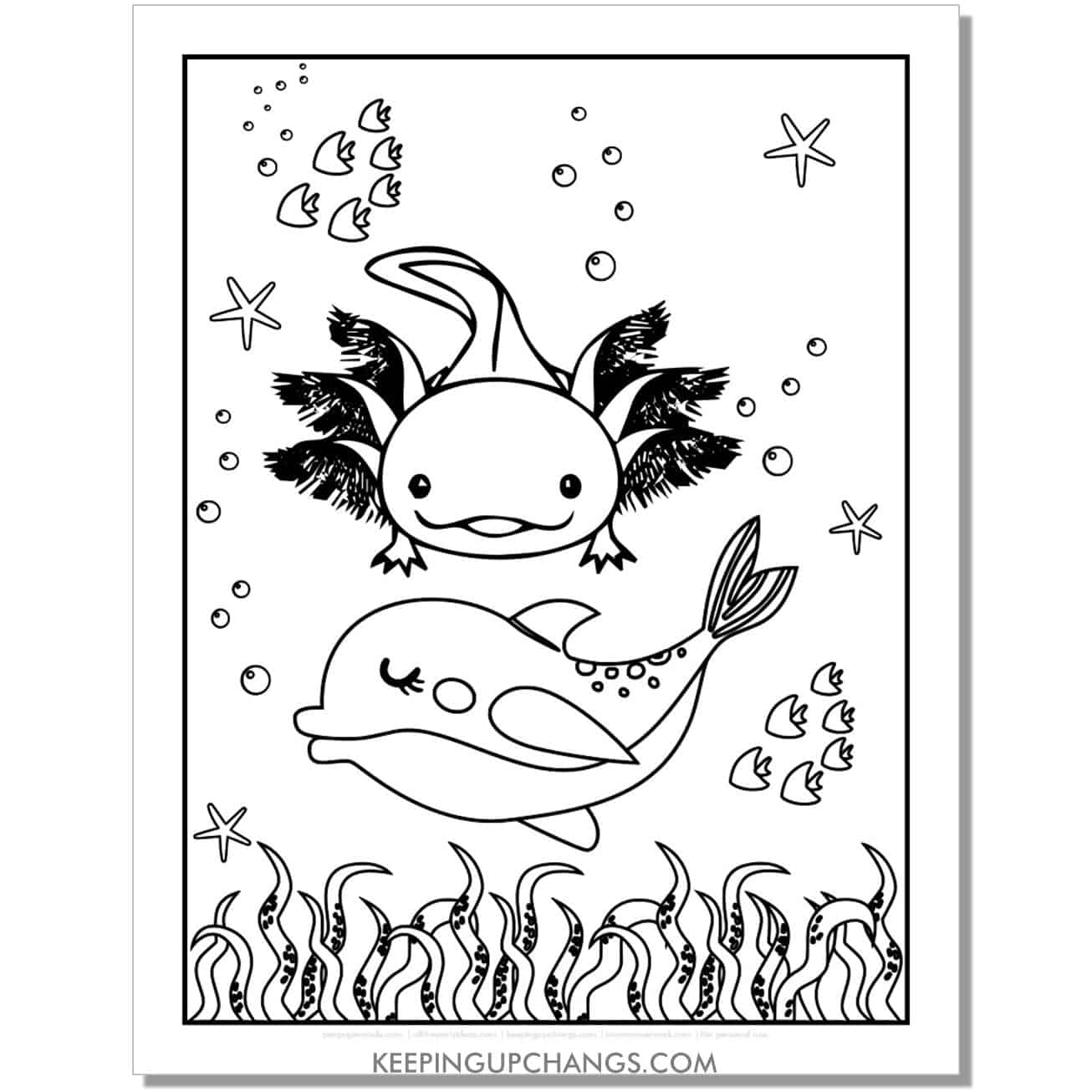 free swimming axolotl coloring page with dolphin, seaweed.