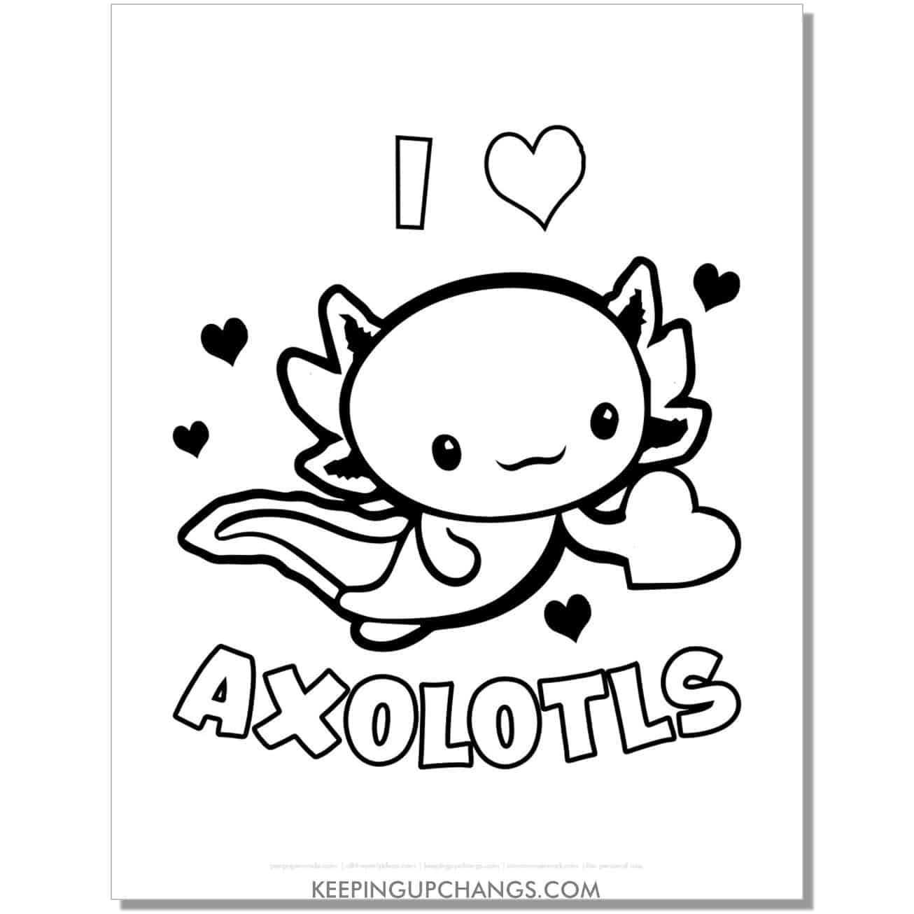free i love axolotl coloring page with amphibian holding heart.