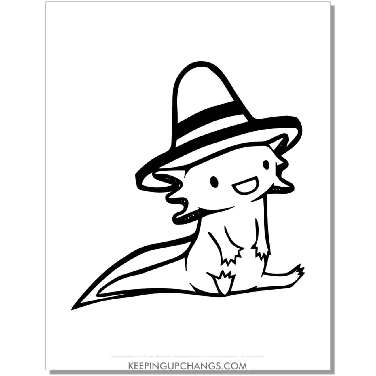 free adorable sitting axolotl in hat illustration coloring page.