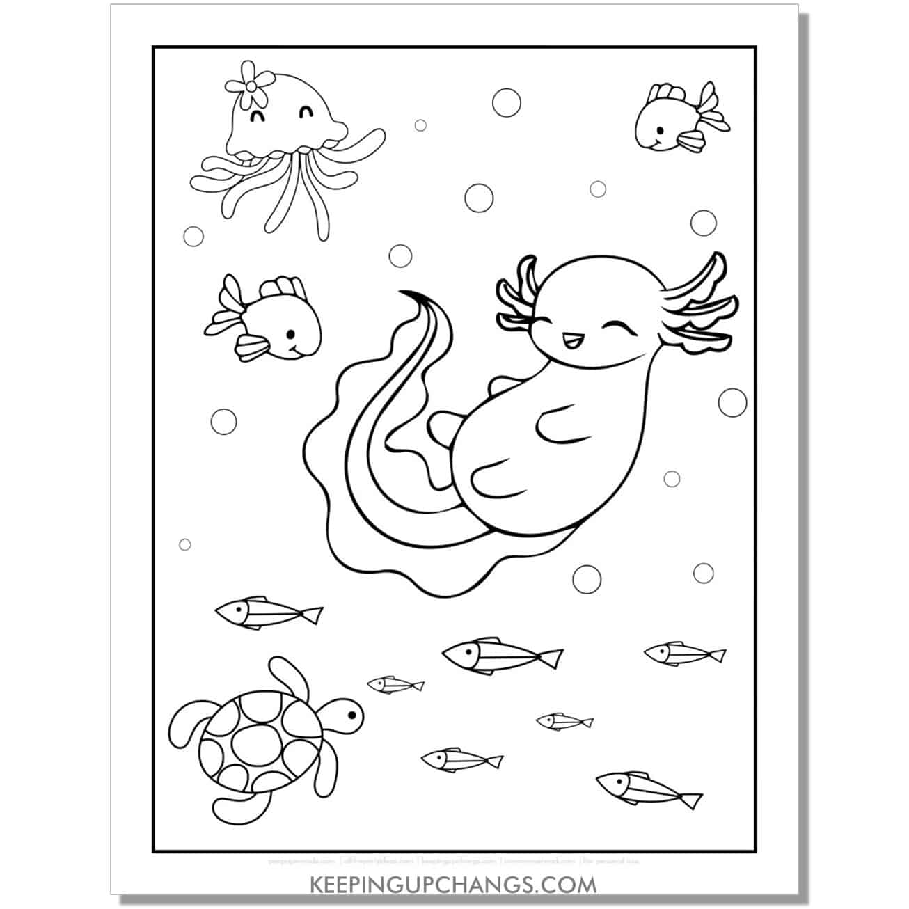 free floating axolotl coloring page with jellyfish, turtle, fish.
