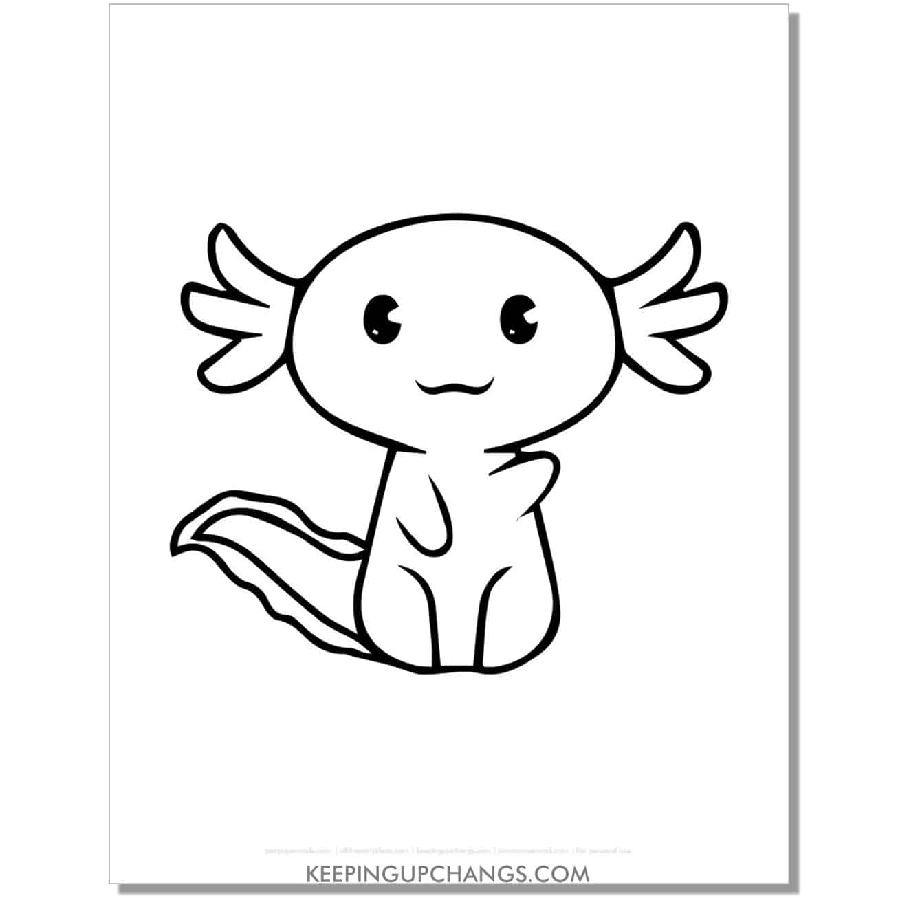 free cute axolotl sitting, waving one arm coloring page.