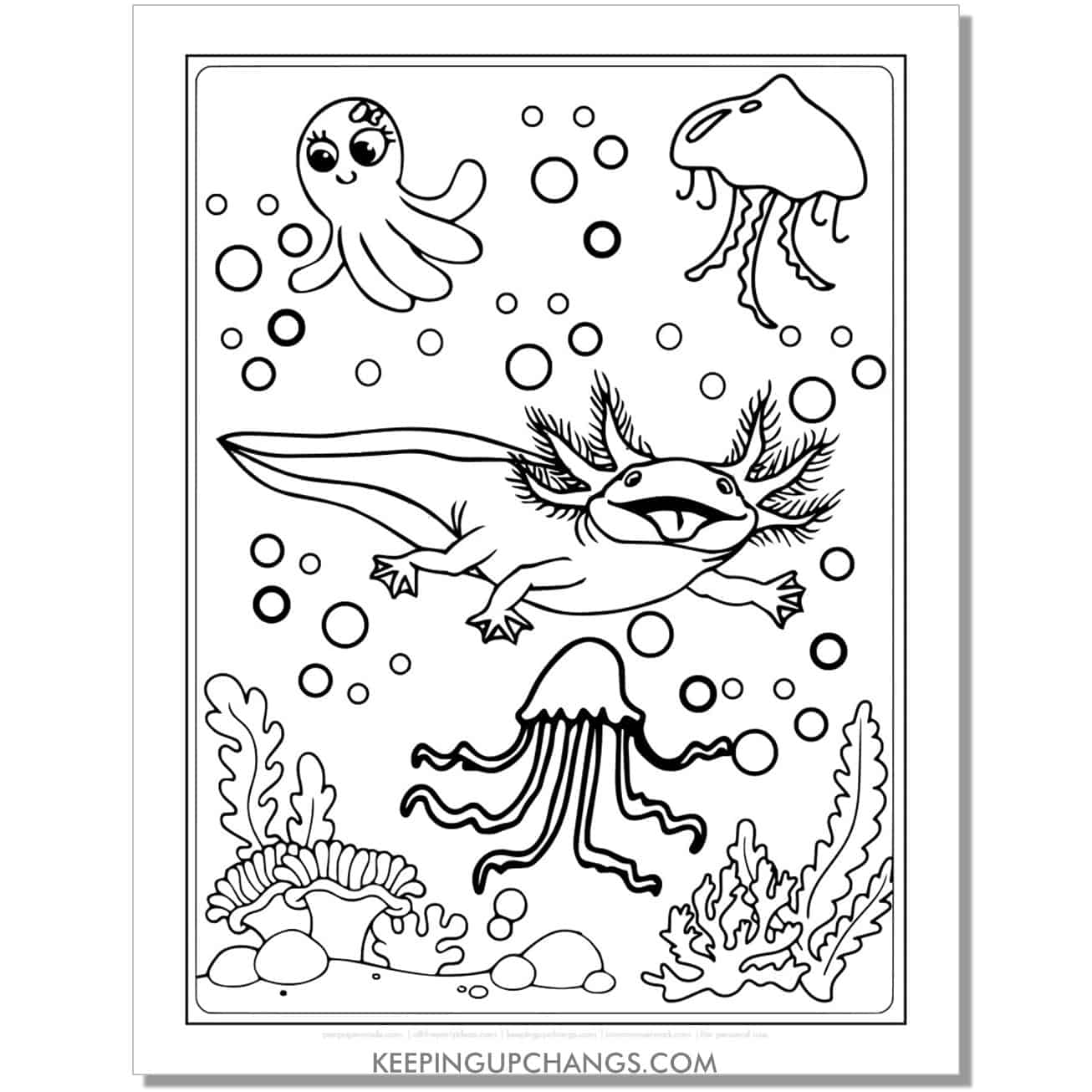 free funny axolotl coloring page with tongue sticking out.