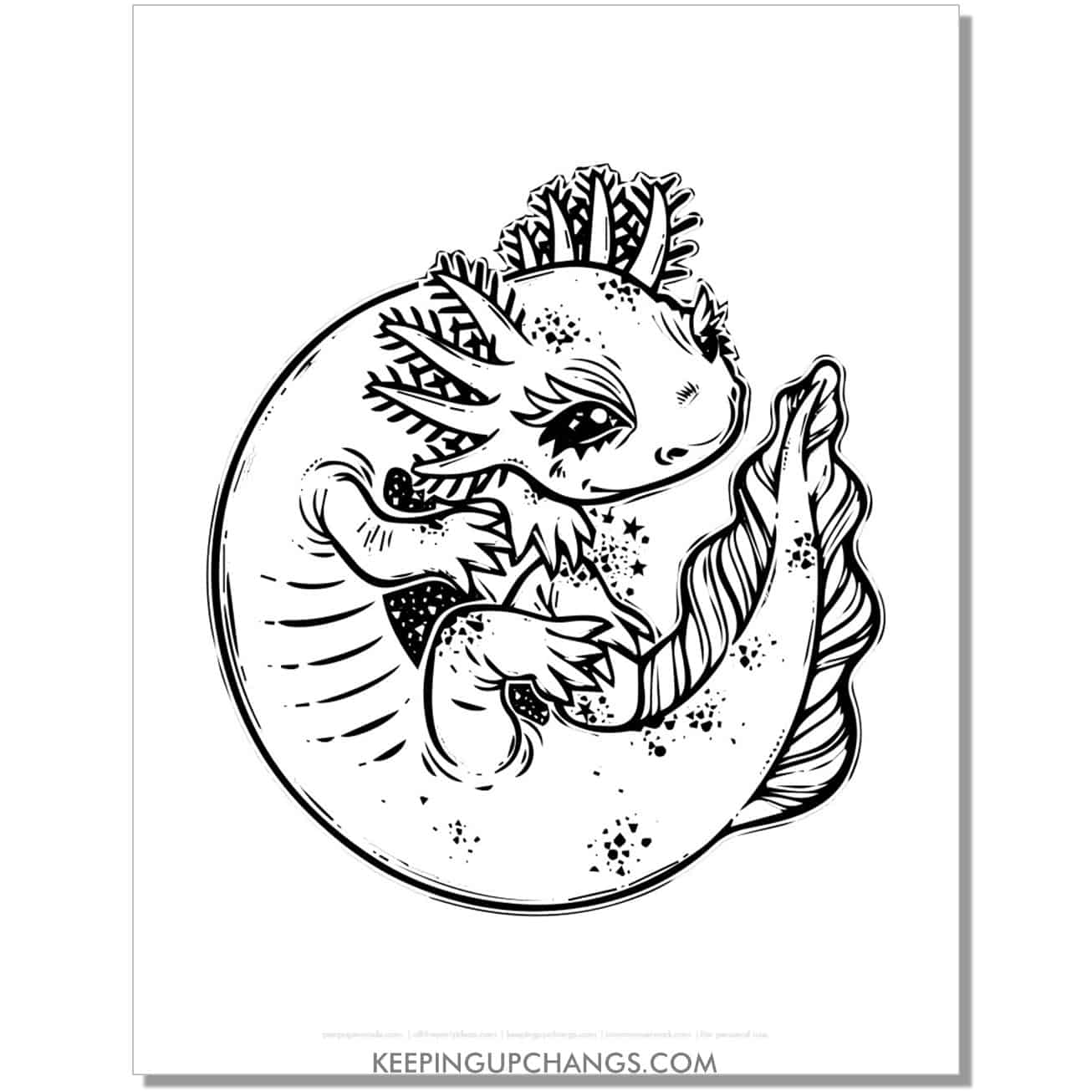 free realistic baby axolotl coloring page, colouring sheet curled in fetal position.
