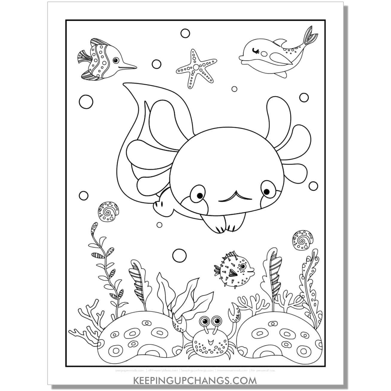 free swimming axolotl coloring page with pufferfish, dolphin crab.