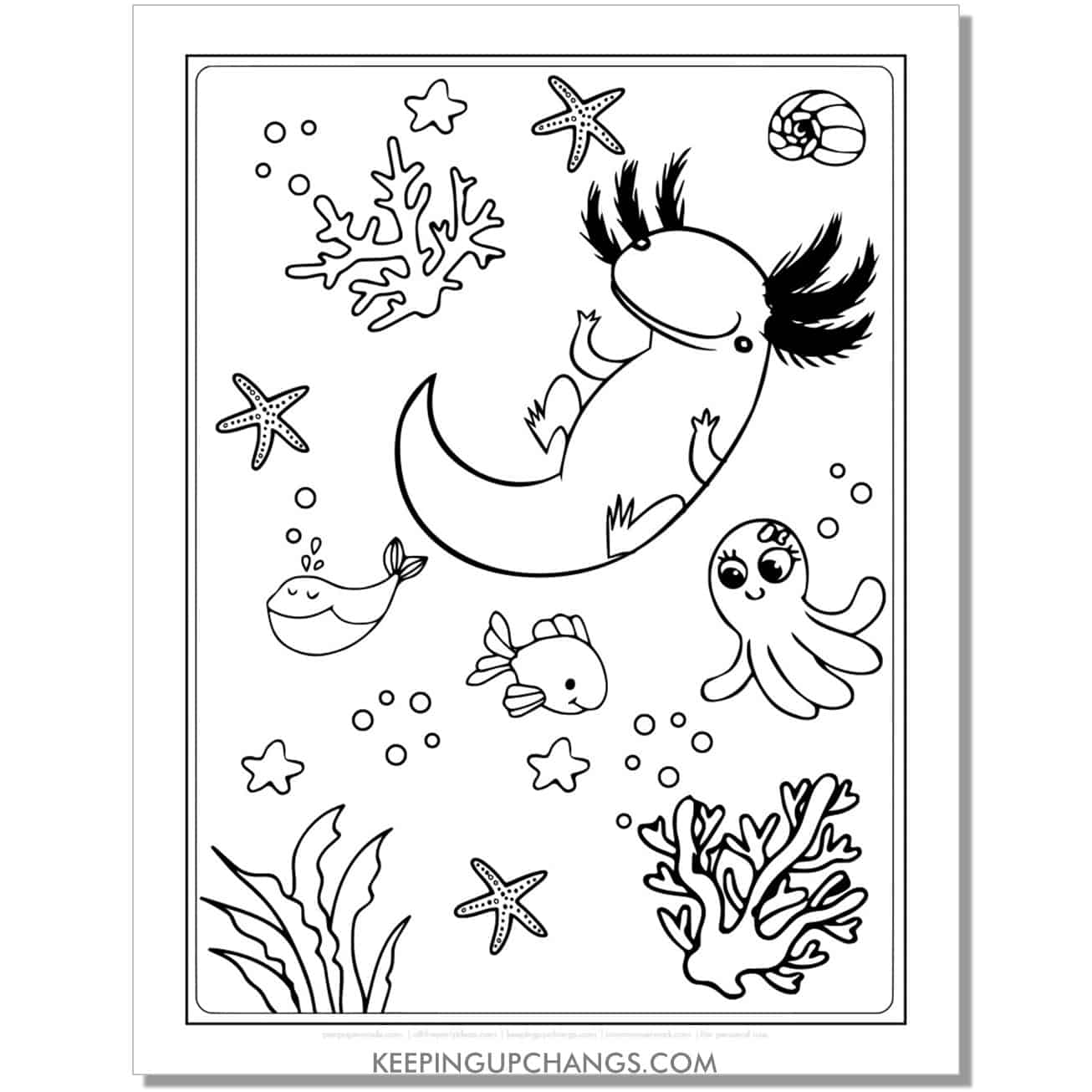 free floating axolotl coloring page, colouring sheet with octopus, starfish, whale.