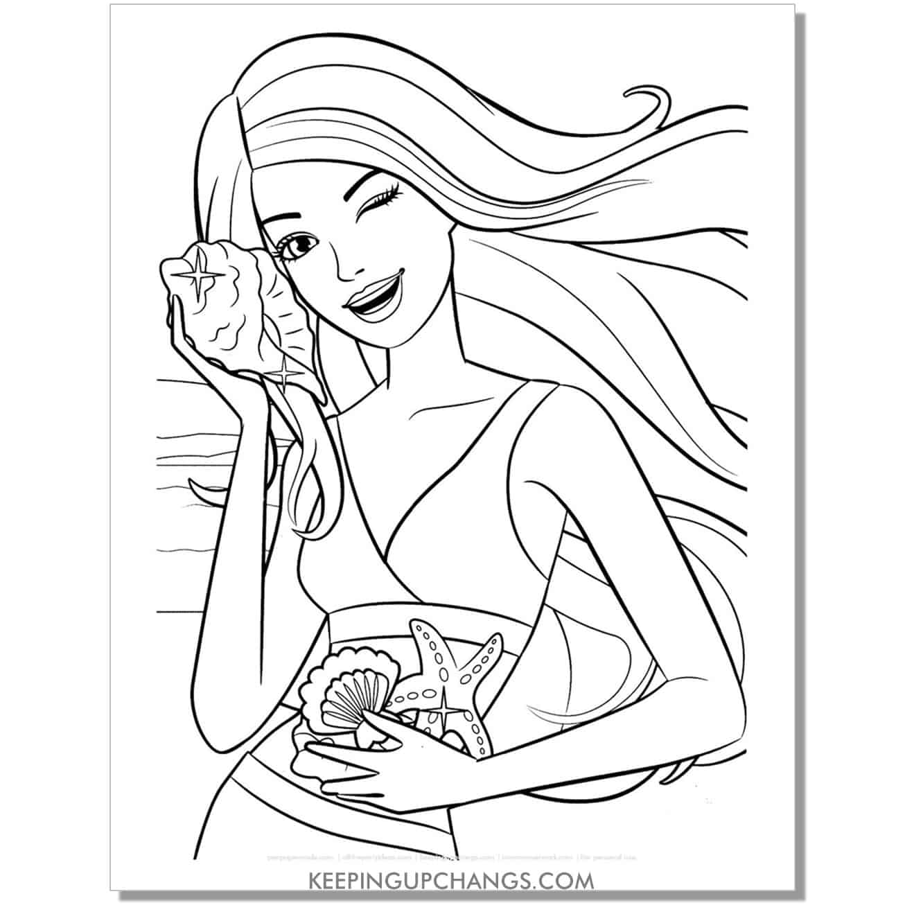 barbie starfish, listening to ocean in seashell coloring page.