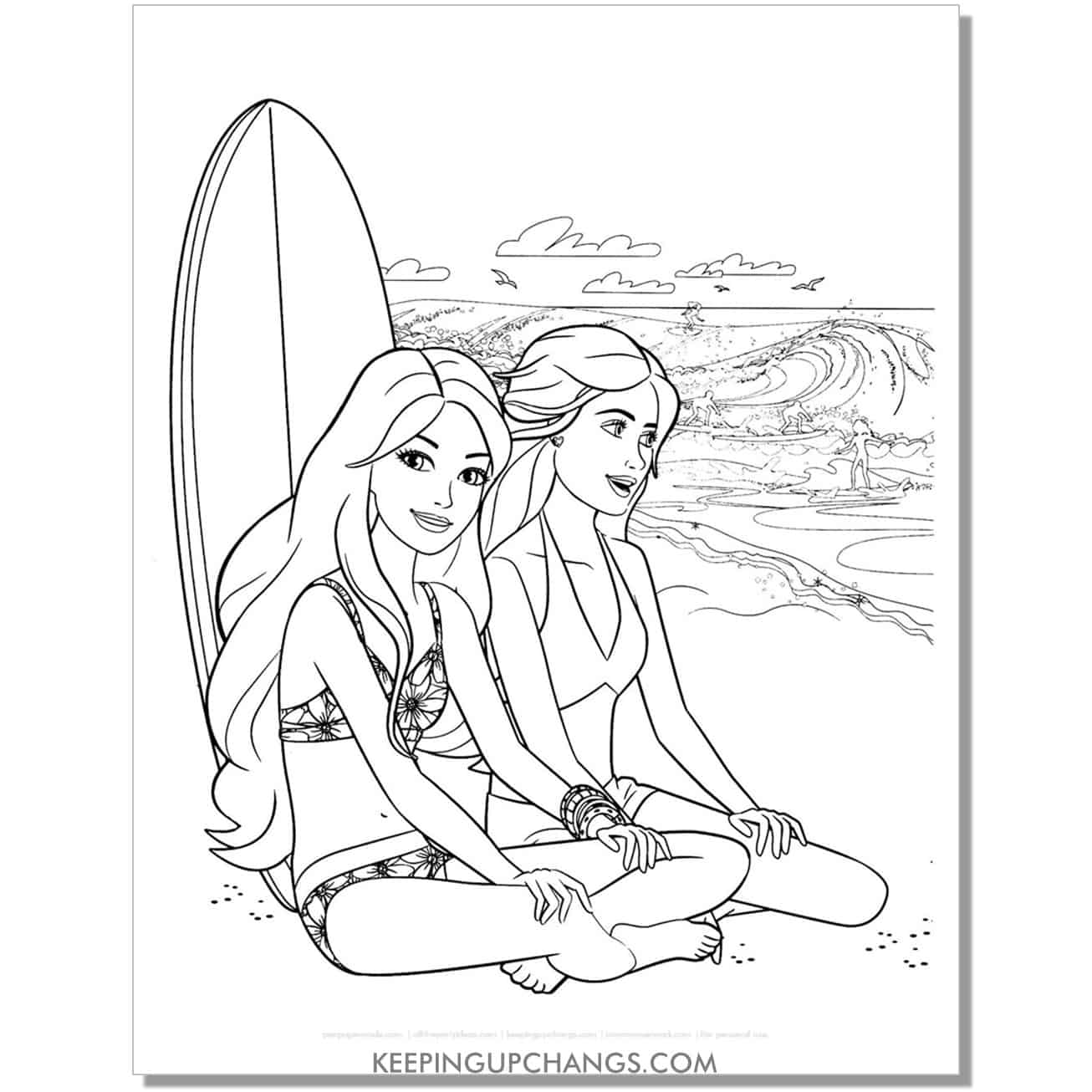 barbie sitting at the beach with a friend coloring page.