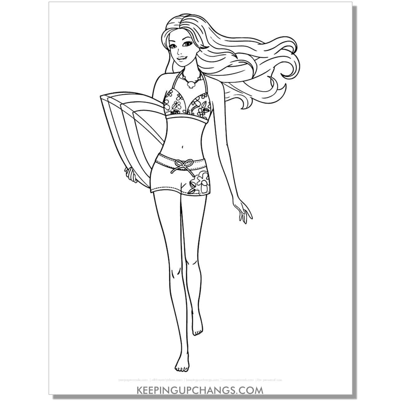 barbie in flower bikini with surfboard under arm coloring page.