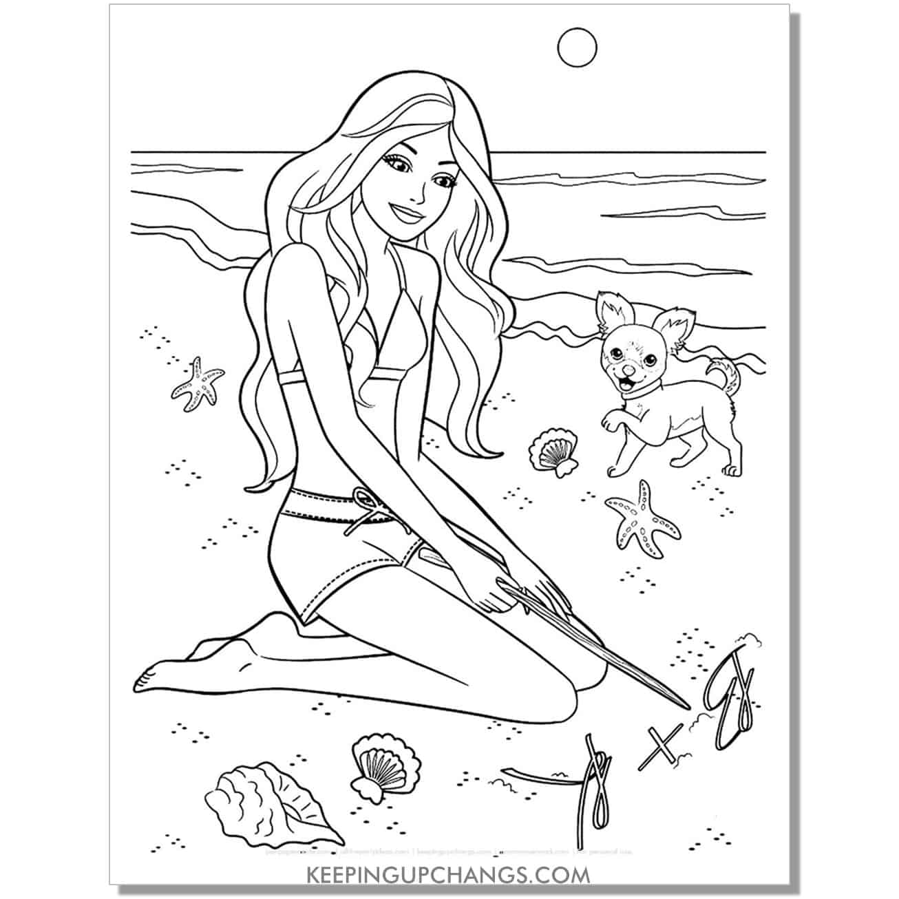 barbie writing B and K in sand coloring page.