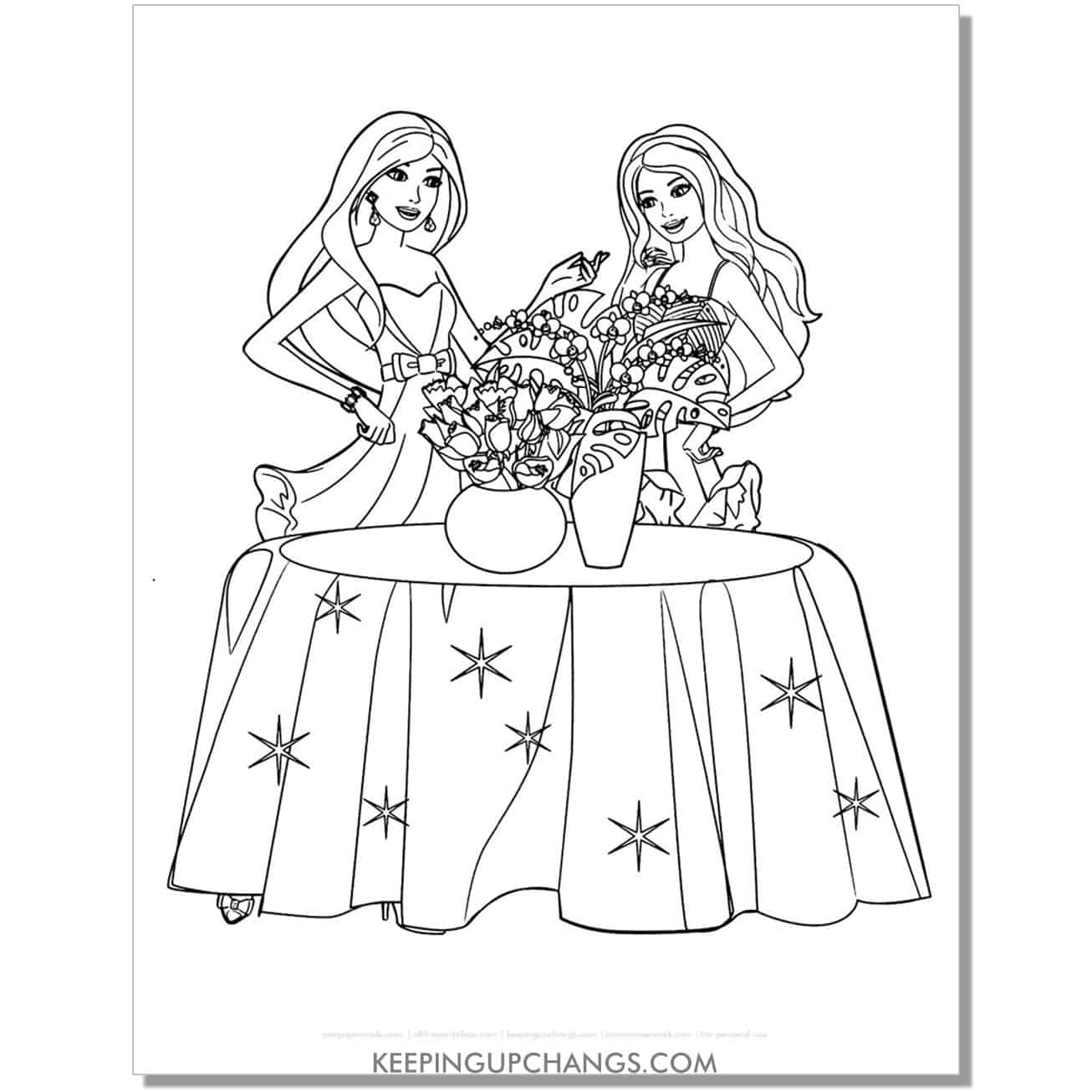 barbie with friend admiring floral centerpiece coloring page.