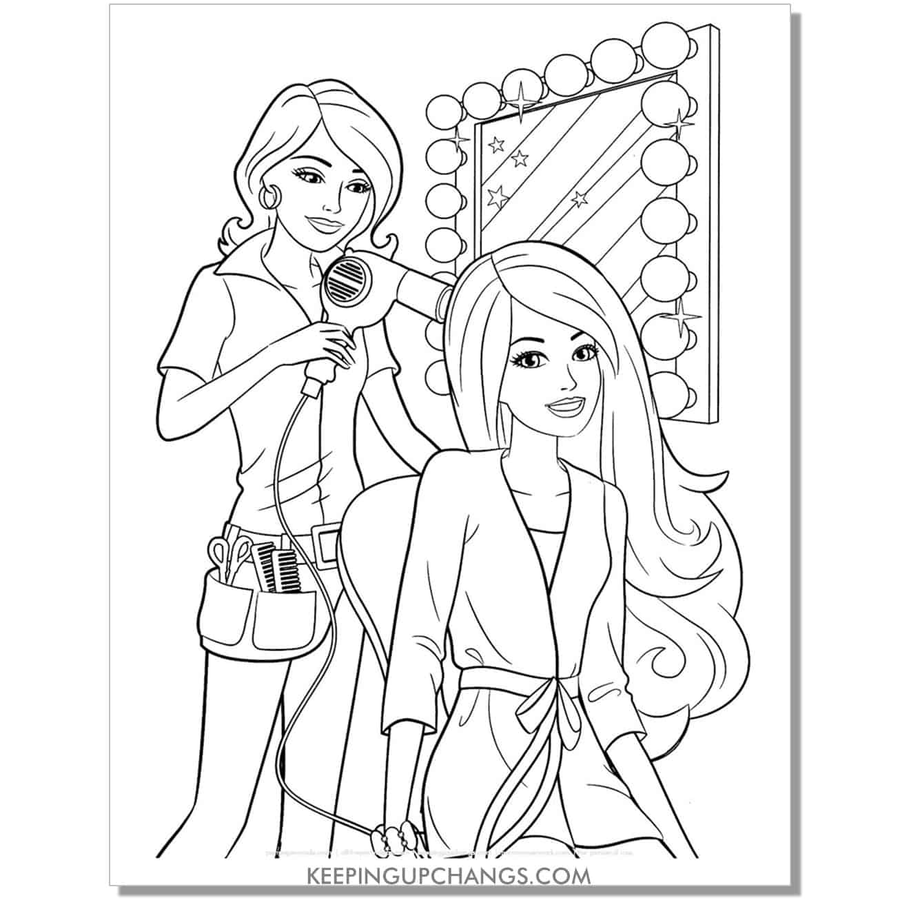 barbie with hairdresser and make up artist backstage coloring page.