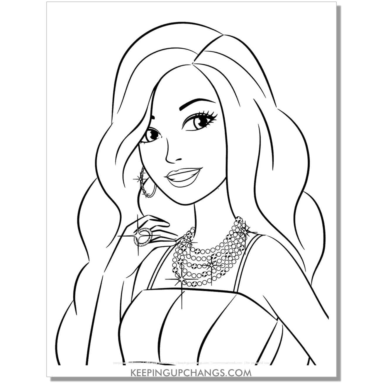 barbie with bling earrings, ring, necklace coloring page.