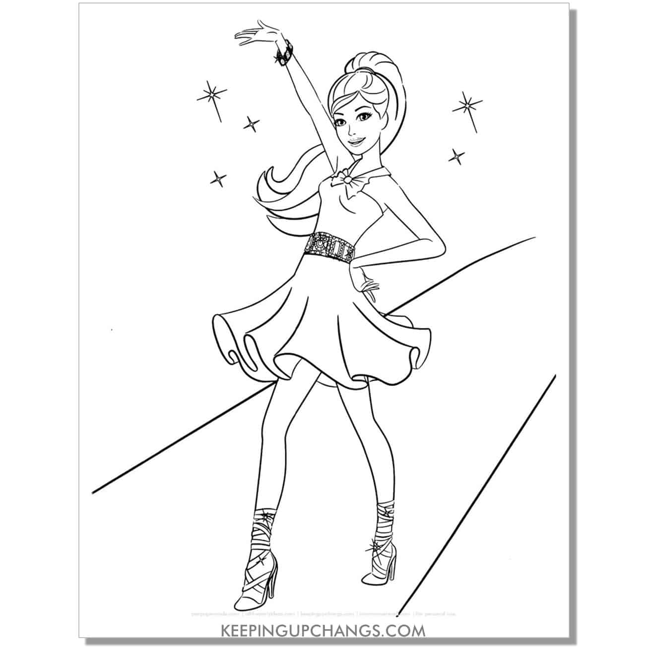 barbie on the runway in heels coloring page.