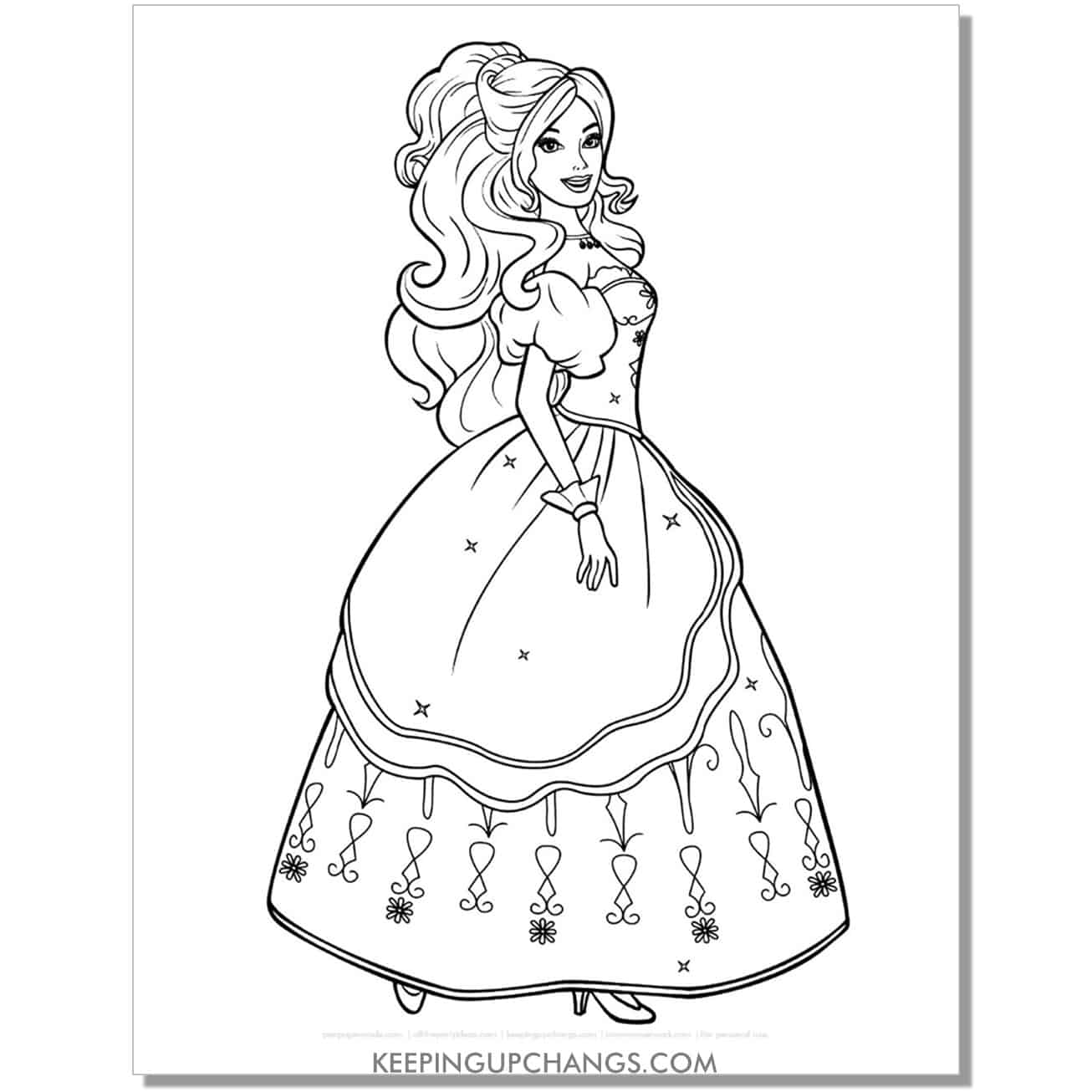 barbie standing in poofy princess gown coloring page.