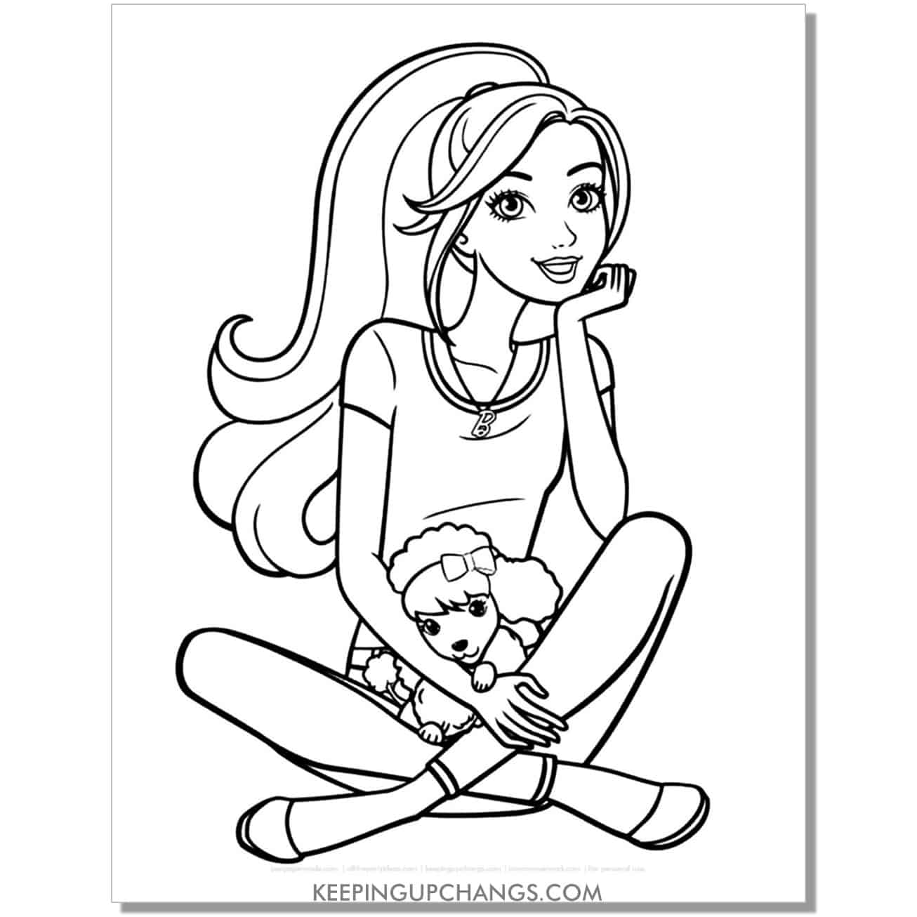 young barbie sitting with pet dog poodle in lap coloring page.