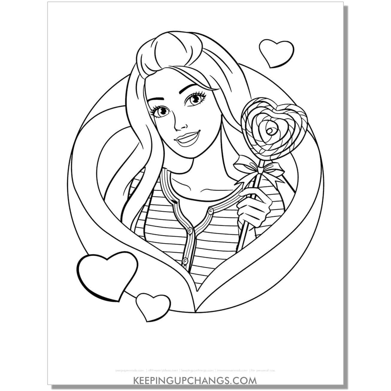 Valentine's barbie with heart lollipop in rose coloring page.