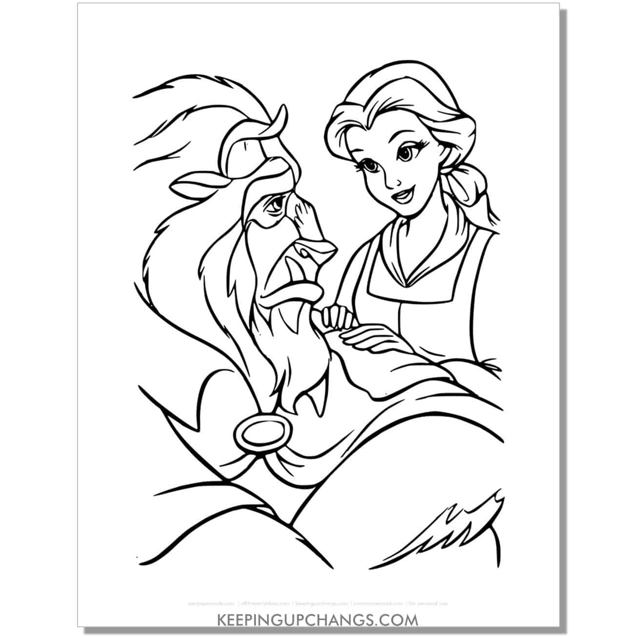 beauty and beast belle gazes at beast coloring page, sheet.