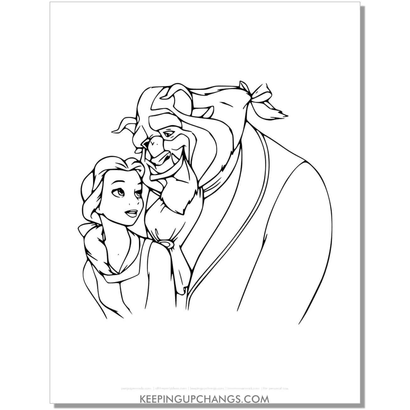 beauty and beast look into each other's eyes coloring page, sheet.