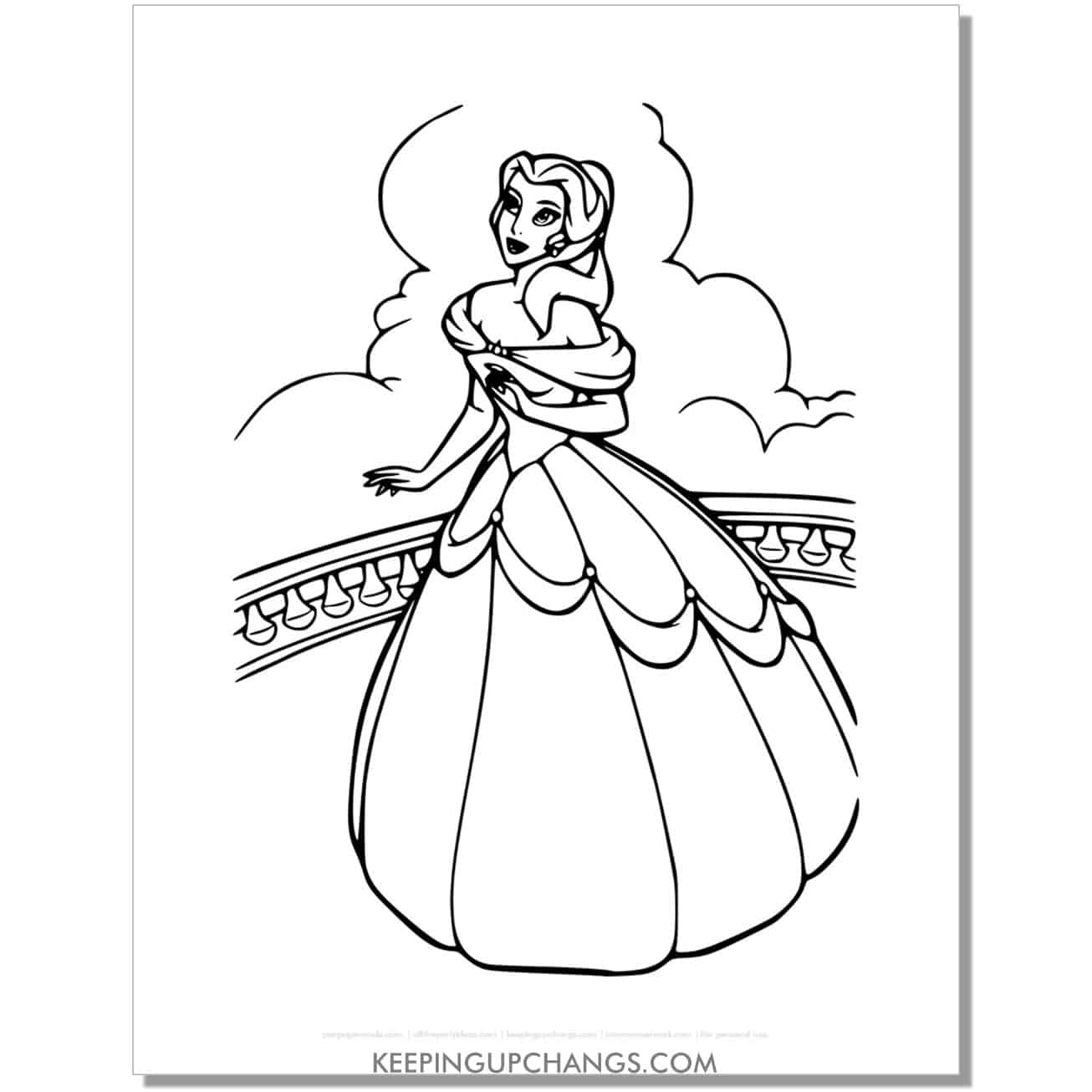 beauty and beast belle on balcony coloring page, sheet.