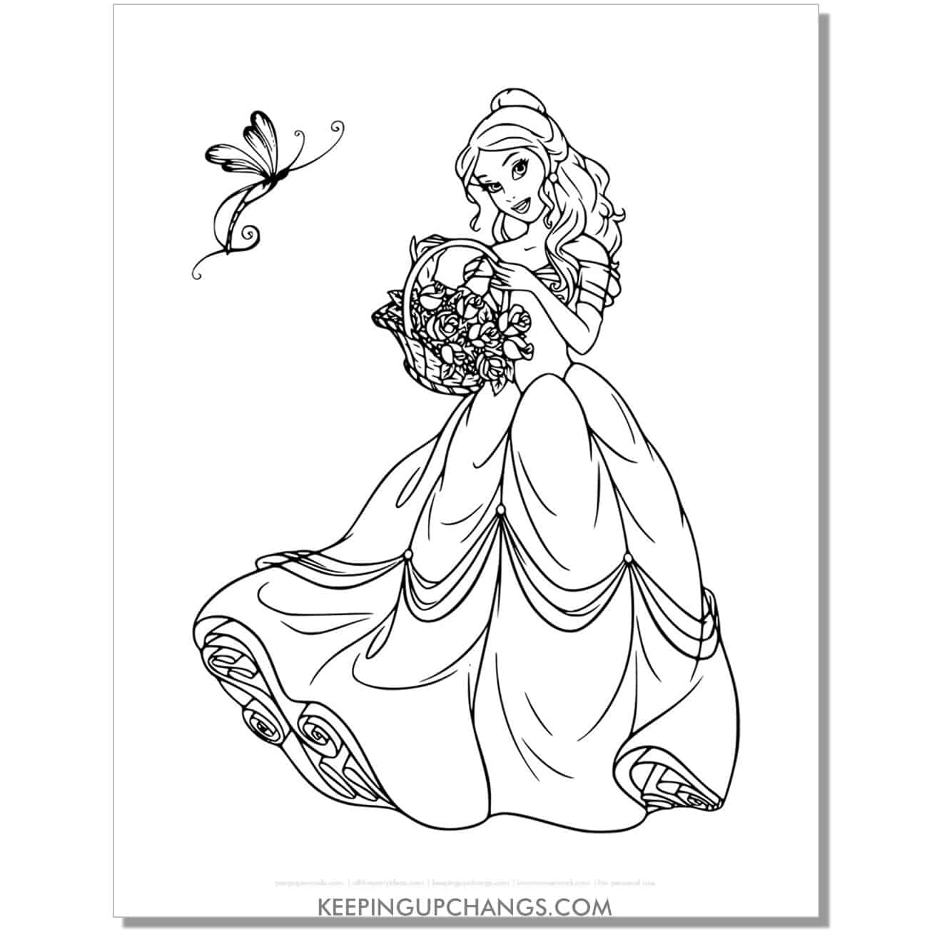 beauty and beast belle in beautiful gown coloring page, sheet.