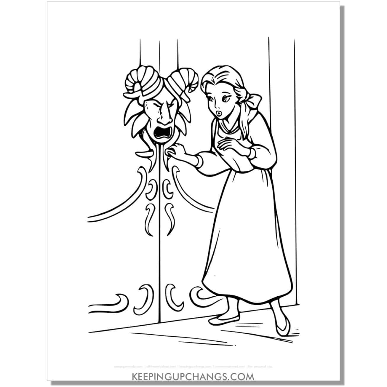 beauty and beast belle tries to enter forbidden room coloring page, sheet.