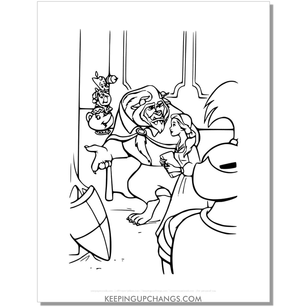beauty and beast, lumiere, cogsworth, potts coloring page, sheet.