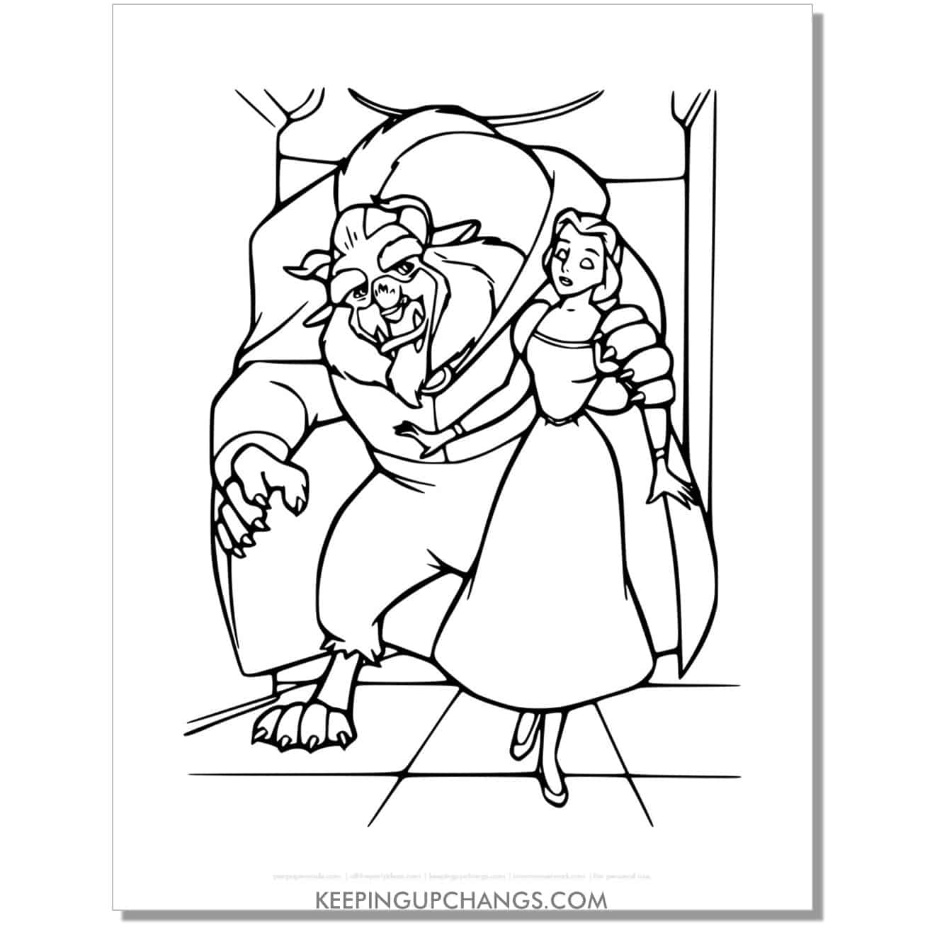 beauty and beast has surprise for belle coloring page, sheet.