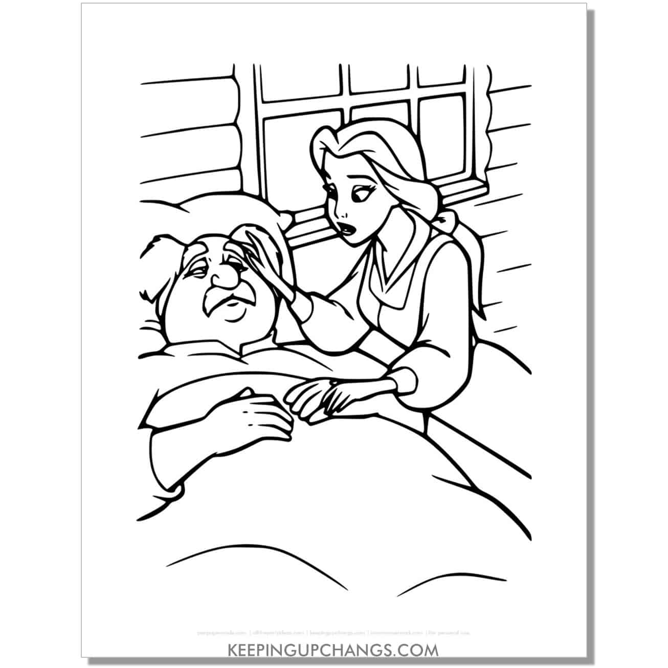 beauty and beast belle tending to dying father maurice coloring page, sheet.