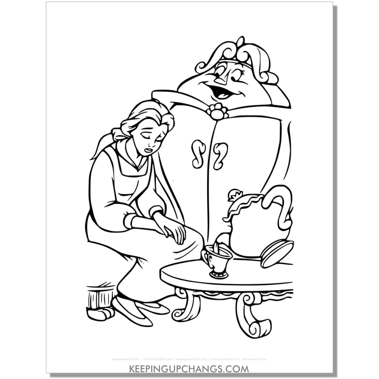 beauty and beast belle comforted by lady armoire, chip, mrs potts coloring page, sheet.