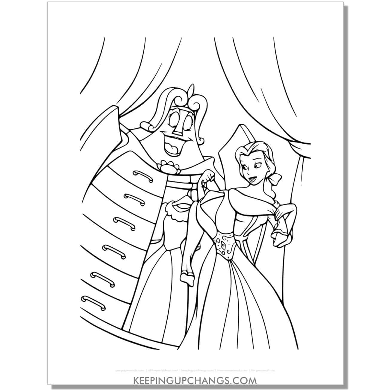 beauty and beast belle tries dress from lady armoire coloring page, sheet.