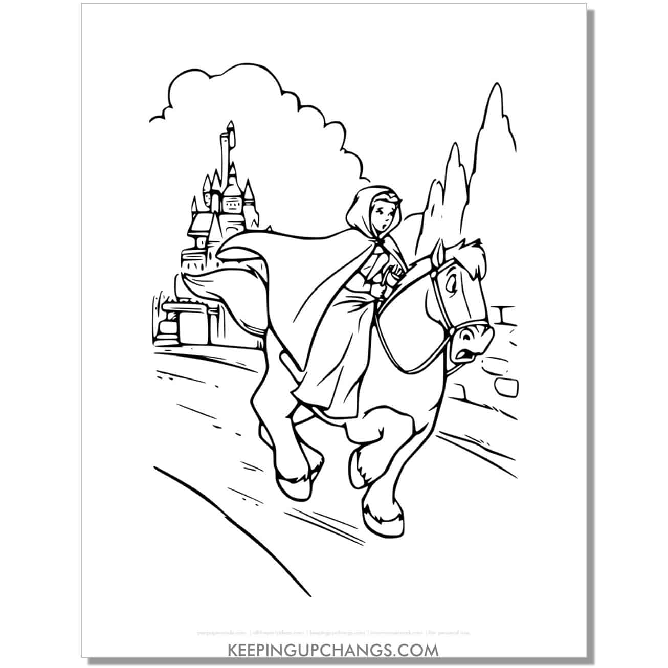 beauty and beast belle goes away on horse coloring page, sheet.