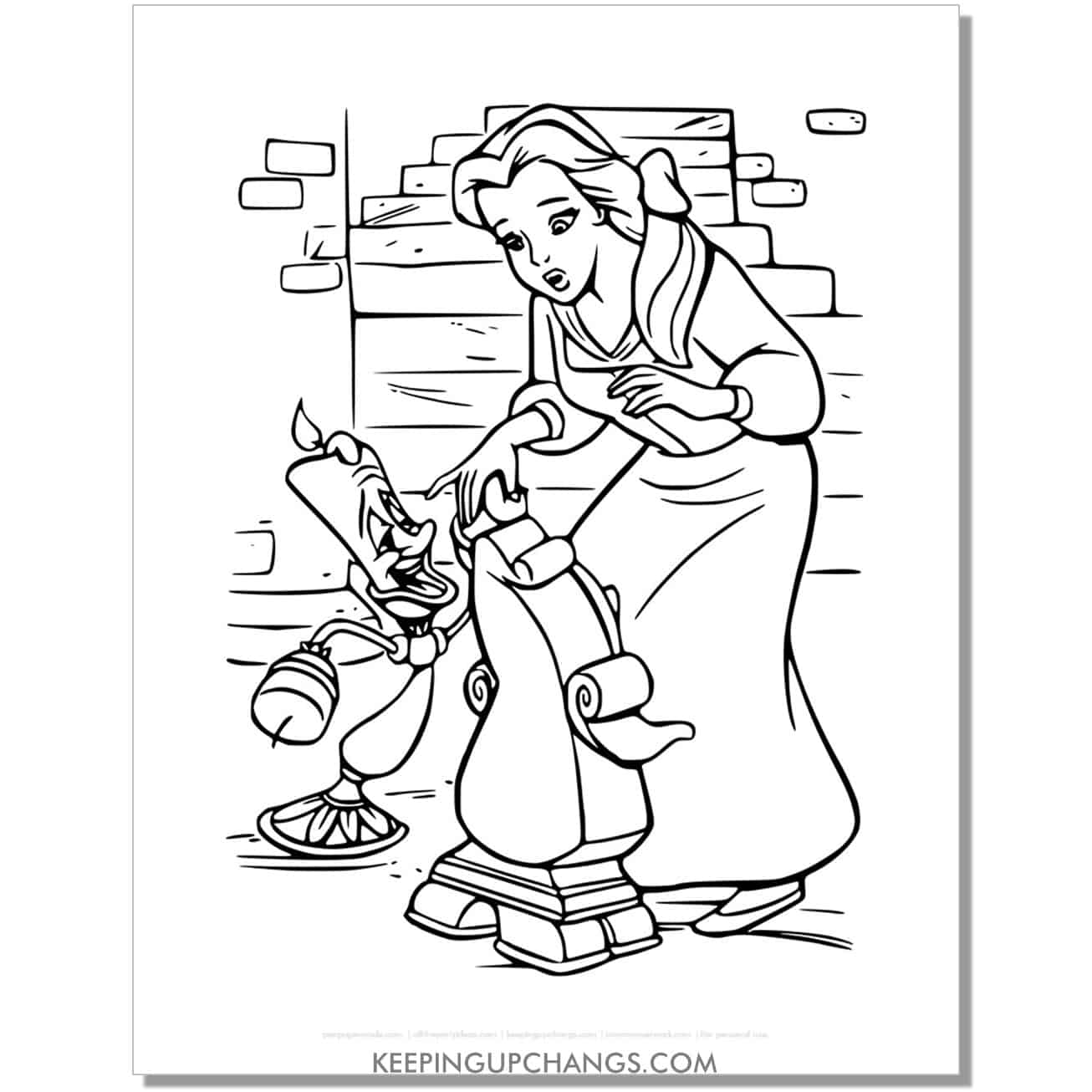 beauty and beast belle talking with lumiere, cogsworth coloring page, sheet.