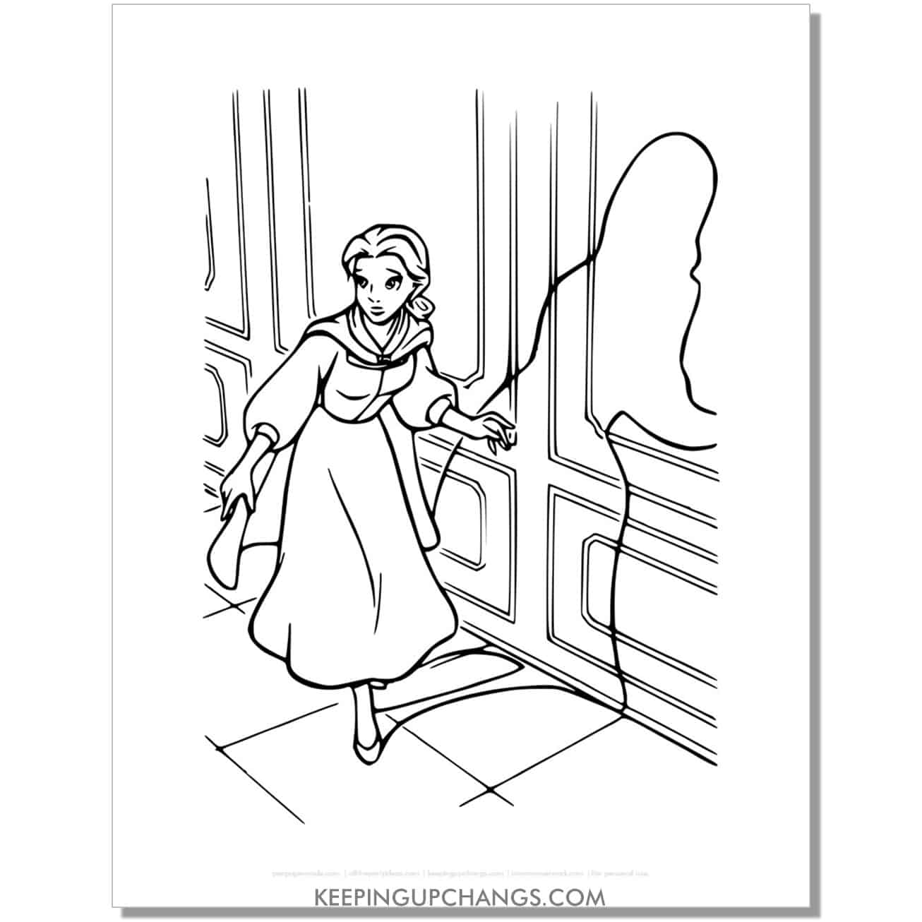 beauty and beast belle tiptoeing in shadows coloring page, sheet.