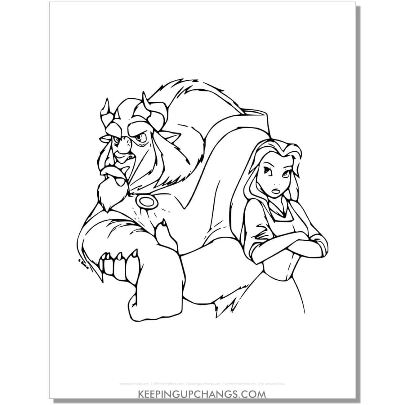 beauty and beast belle upset at each other coloring page, sheet.