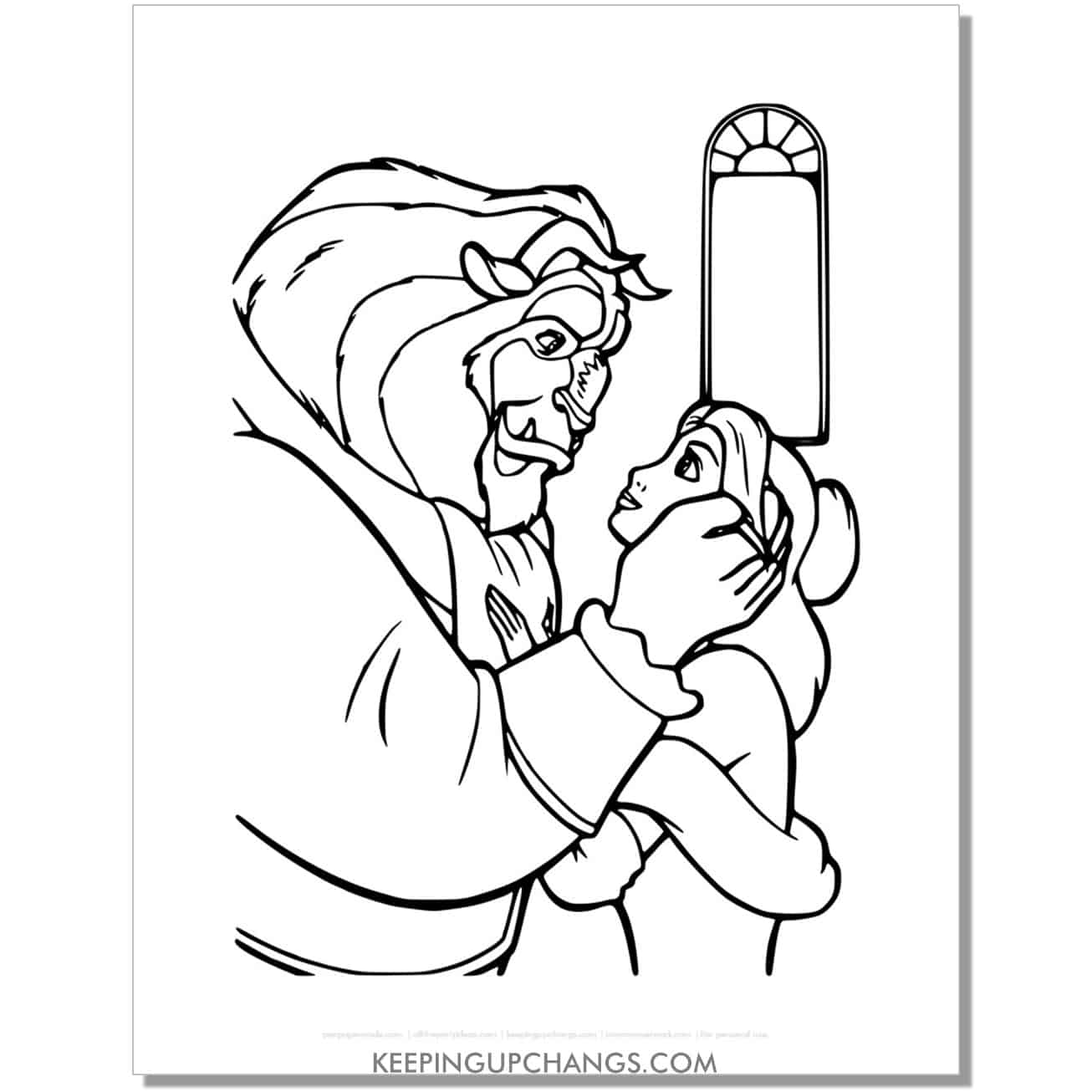 beauty and beast gazing into each other's eyes coloring page, sheet.
