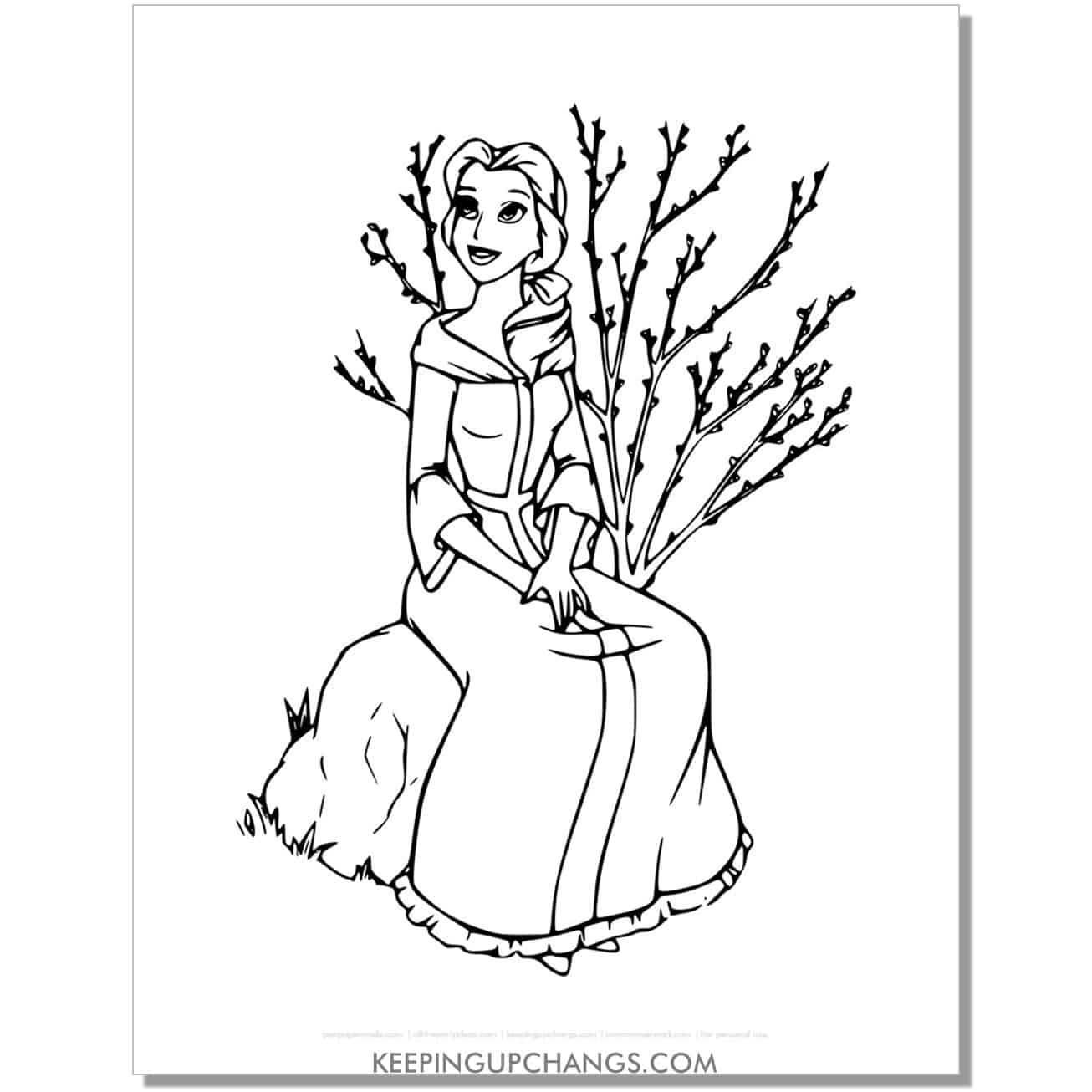 beauty and beast belle sitting near tree with branches coloring page, sheet.