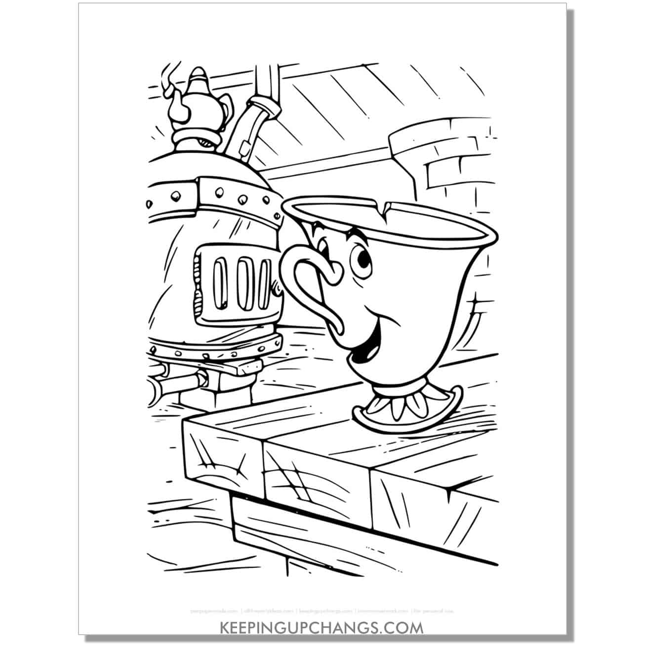 beauty and beast chip in furnace room coloring page, sheet.