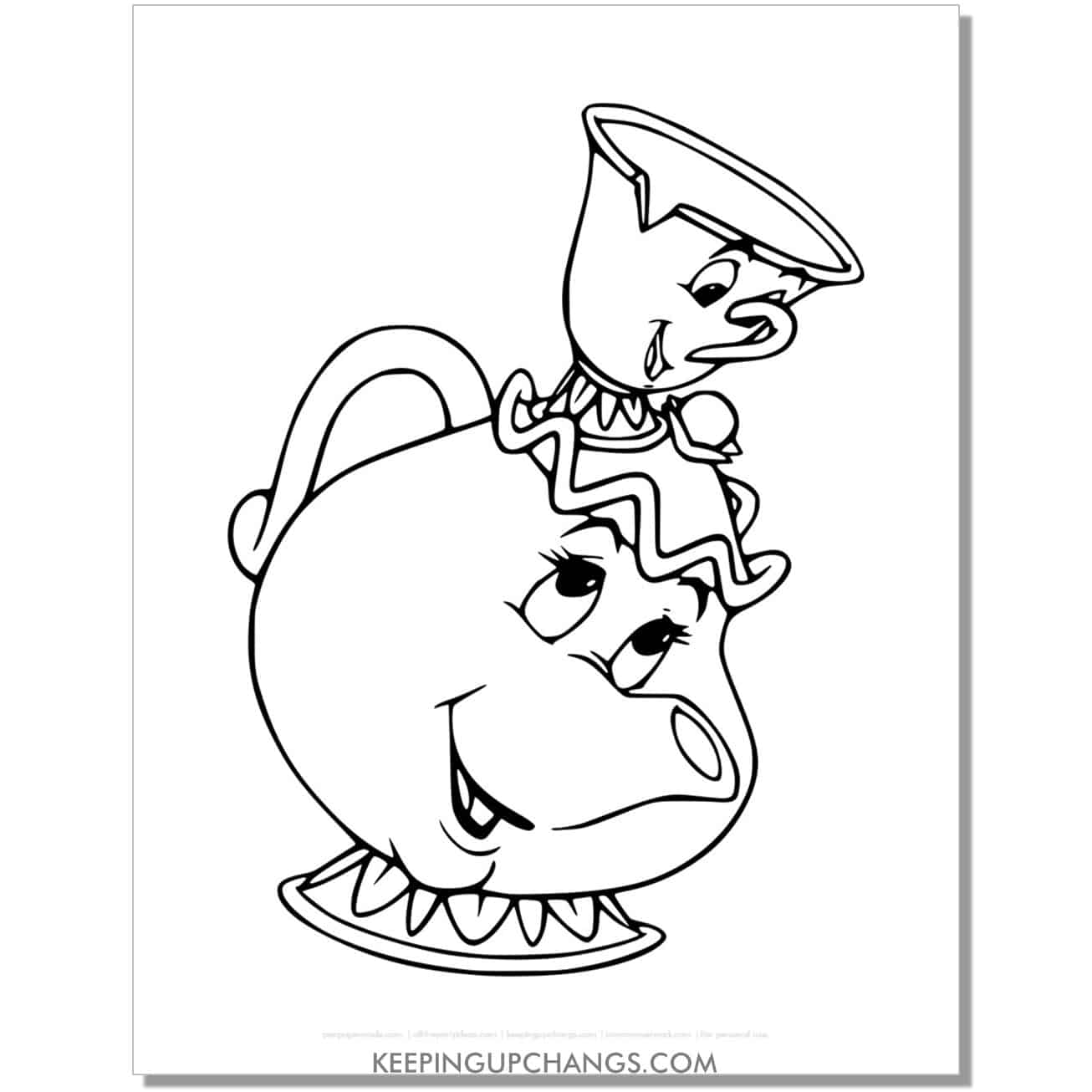 beauty and beast chip on mrs potts' head coloring page, sheet.