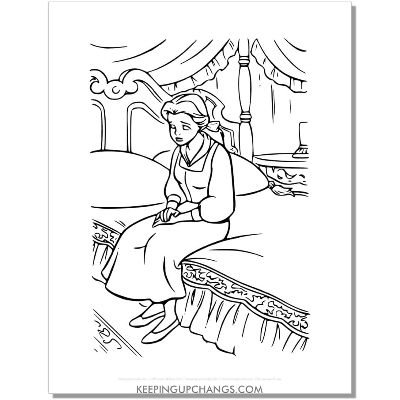 beauty and beast belle sitting on bedside coloring page, sheet.