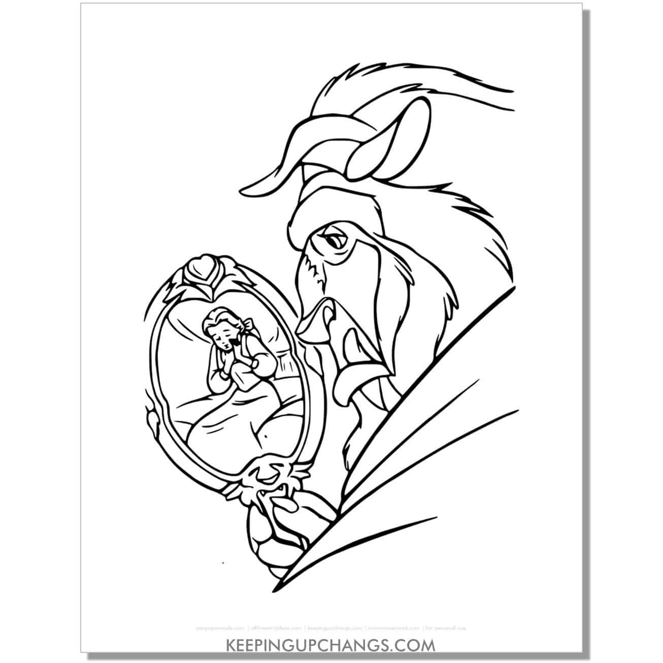 beast sees belle in enchanted mirror coloring page, sheet.